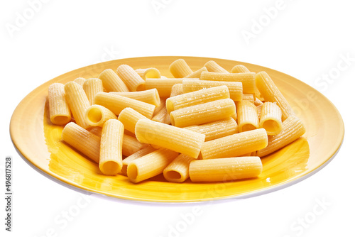  Plate of italian rigatoni pasta over white isolated background