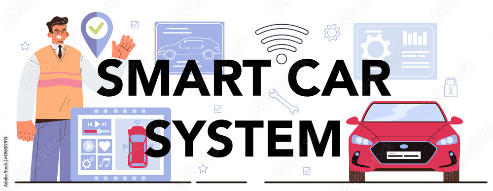 Smart car system typographic header. Self driving and electric car Smart car system typographic header. Self driving and electric car