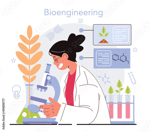 Bioengineering concept. Biotechnology for food engineering. Scientist study,