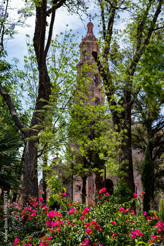 Temple of the Lord of Encino catholic church in Aguascalientes, Mexico from a park with trees photo