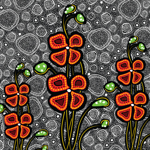 Aboriginal dot art painting with red poppy flowers