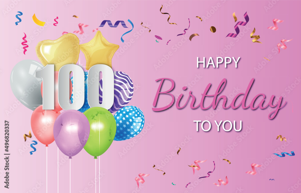 Happy 100th birthday balloons greeting card background vector. Happy