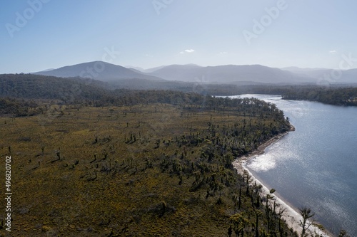 tasmanian coastal landscape in australia. aerial photos of rocky ocean views in southern tasmania. showing towns and farms. photo