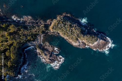 tasmanian coastal landscape in australia. aerial photos of rocky ocean views in southern tasmania. showing towns and farms. © William