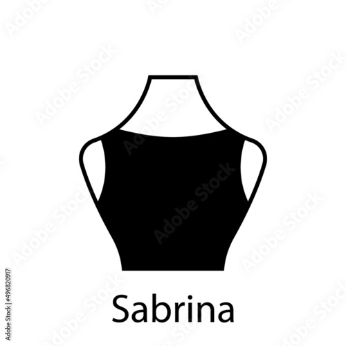 Sabrina of Fashion Neckline Type for Women Blouse, Dress Silhouette Icon. Black T-Shirt, Crop Top on Dummy. Trendy Ladies Sabrina Type of Neckline. Isolated Vector Illustration