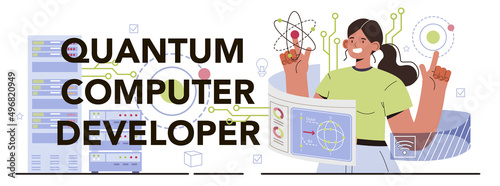 Quantum computer developer typographic header. Innovative calculations