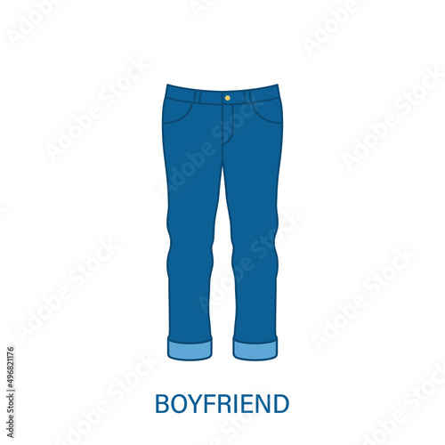 Woman Boyfriend Type Jeans Trousers Silhouette Icon. Modern Women Denim Clothing Style. Blue Fashion Casual Apparel. Beautiful Type of Female Pants. Mom Fit Pant. Isolated Vector Illustration