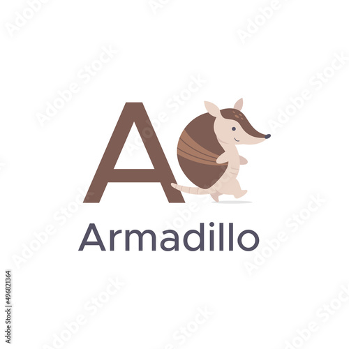 Armadillo from letter A, learning English alphabet cartoon for kids vector illustration