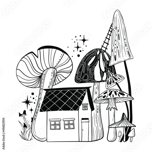 Vector line drawing. House with mushrooms. Coloring book with fairy town - houses on mushrooms. Vector illustration.