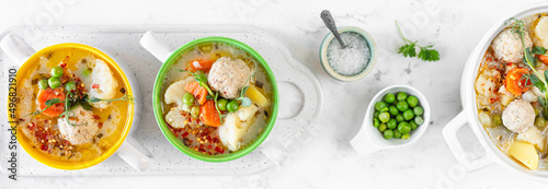 Banner. Spring soup with meatballs and vegetables.