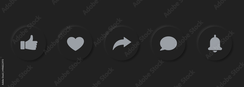 Neumorphism Social Media Buttons Set. Dark Circle Grooved Buttons Bar for Application Interface. Modern Multimedia Pledging Button. Isolated Vector Illustration Neumorphism Social Media Buttons Set. Dark Circle Grooved Buttons Bar for Application Interface. Modern Multimedia Pledging Button. Isolated Vector Illustration