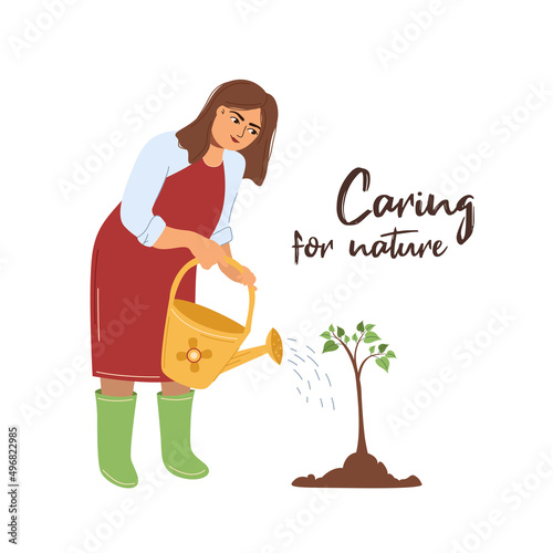 Taking care of nature. The gardener waters the seedling. A young tree. Vector flat summer greeting card, print. White background