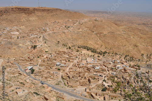 Eyebird view of the village berber Toujane in south of Tunisia photo