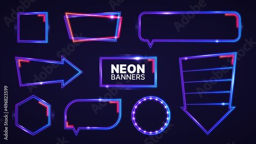Neon banners set. Vector illustration of abstract glowing neon colored different frames for your design