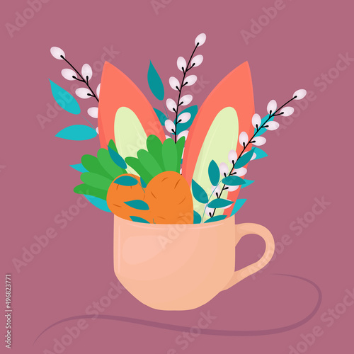 Illustration with rabbit ears, carrots and decorative flowers peeking out of a cup, easter illustration, holiday illustration, easter