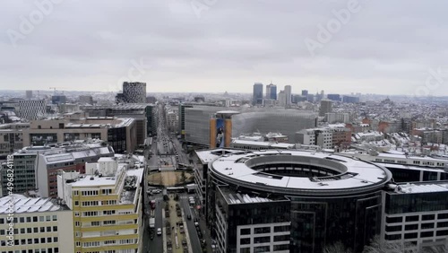 Aerial drone shot of the European District in Brussels on snowy winter day photo