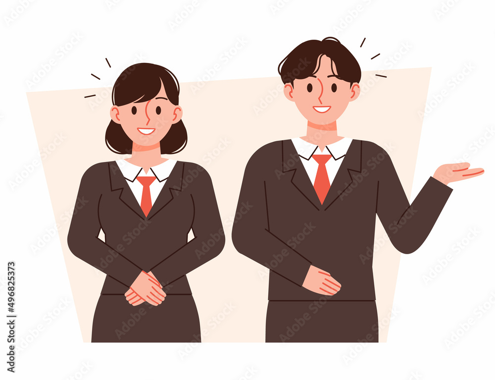 A man and a woman make a guiding gesture. Men and women in neat suits. Business figures vector illustration. A man and a woman make a guiding gesture. Men and women in neat suits. Business figures vector illustration.