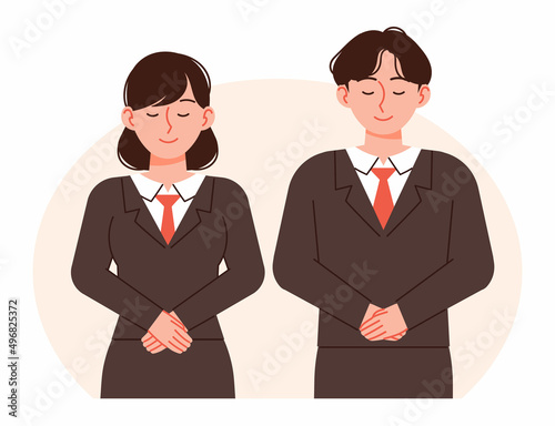A man and a woman bow their heads to greet each other. Men and women in neat suits. Business figures vector illustration.
