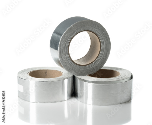 Adhesive aluminum foil tape for padding on white background.
