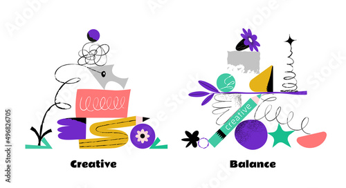Two modern illustrations, with stacked and balancing figures