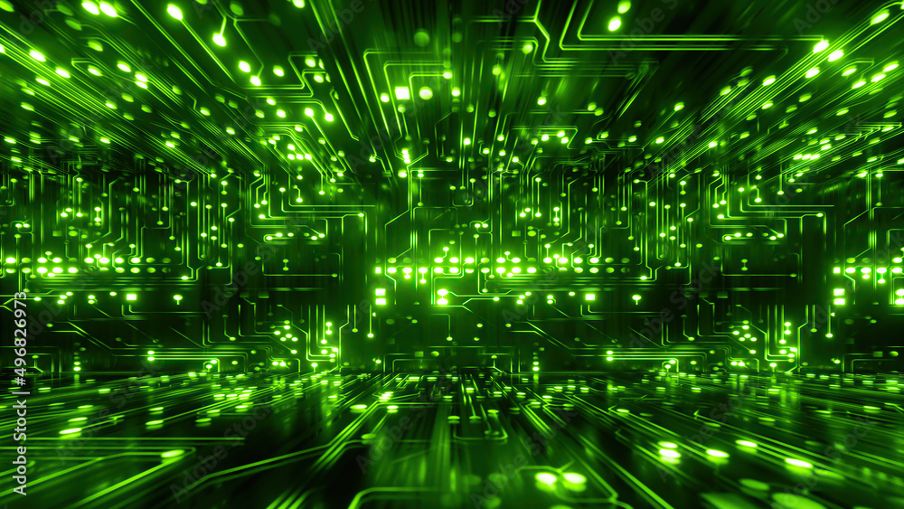 3d render, abstract background with microchip glowing with green neon fluorescent light. Virtual reality matrix, cyber network, digital high tech wallpaper