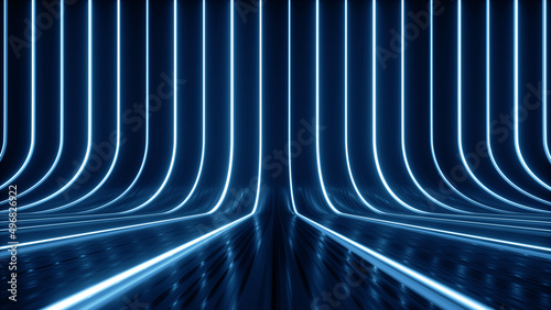 Fotografia, Obraz 3d render, abstract background with blue neon lines glowing in the dark, empty v