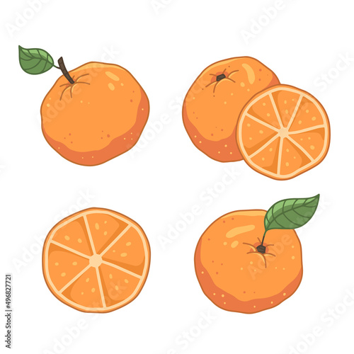Set with oranges in cartoon style. A whole orange, a slice of orange. Vector isolated fruit food illustration.