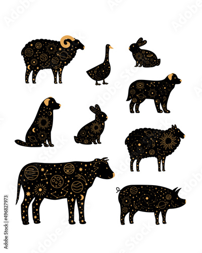Black set of animals with magical celestial ornaments