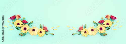 Wallpaper Mural Top view image of yellow and purple chrysanthemum flowers composition over blue background. Flat lay Torontodigital.ca