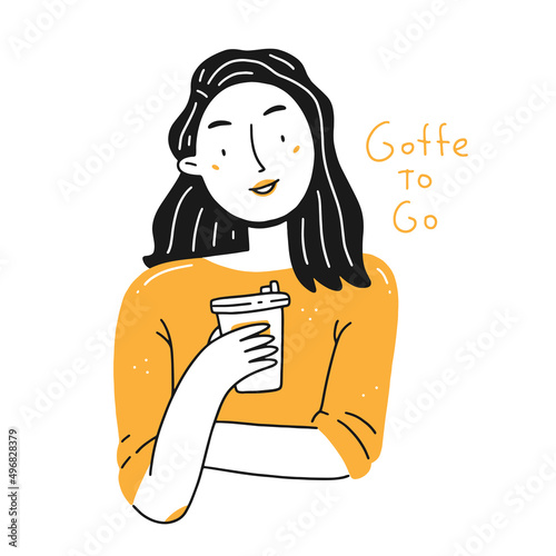 Portrait of a young happy girl with a cup of coffee and the inscription coffee with you in a simple linear doodle style. Vector isolated illustration.