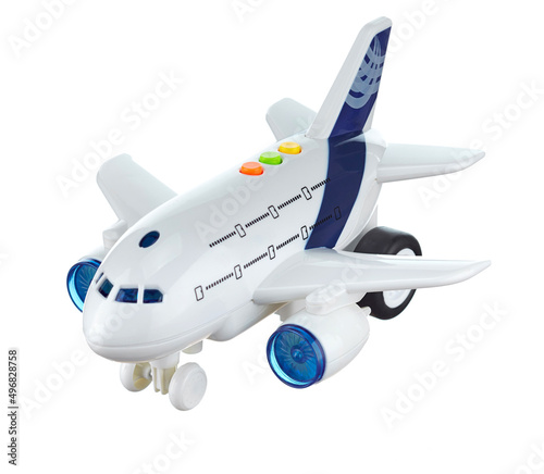 Toy passenger airliner in white with a blue stripe on the fuselage, with the landing gear released, highlighted on a white background. Passenger and transport transportation.