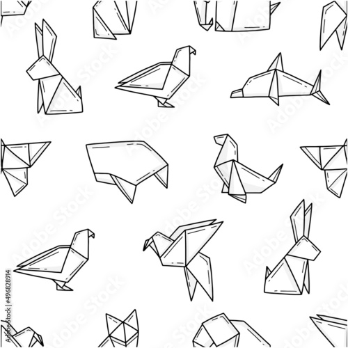 Seamless black and white pattern with cute origami animals. Vector illustration background.