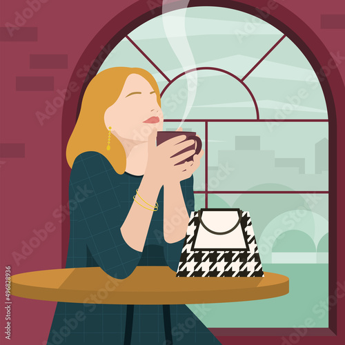 Mujer elegante y feliz tomando café en cafetería. (ID: 496828936)