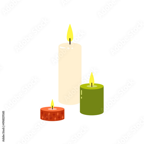 Composition with cute lit scented candles. Hand drawn in doodle style paraffin candles. Vector illustration of home decor elements isolated on white background