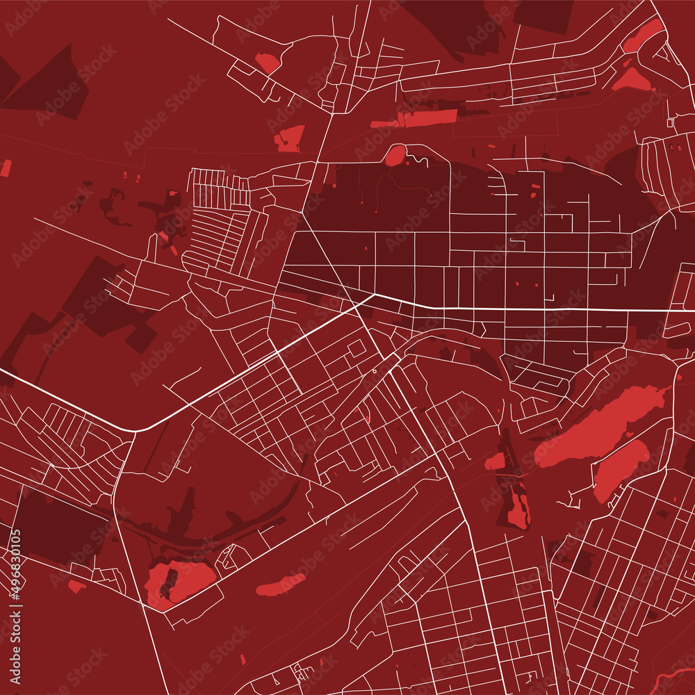 Detailed vector map poster of Bucha city, linear print map. Red skyline urban panorama.