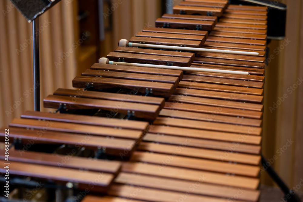 Close up of xylophone instrument with two mallets in a philharmonic Close up of xylophone instrument with two mallets in a philharmonic