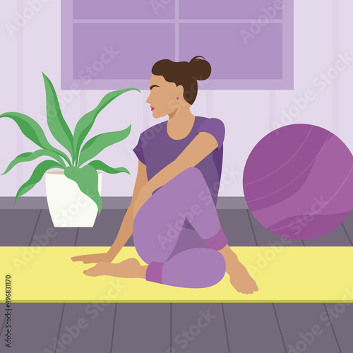 Mujer haciendo yoga en casa (ID: 496831170)