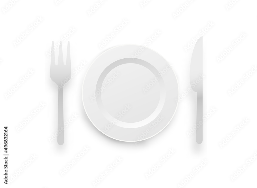 White plate, fork and knife isolated on white background. 3d vector illustration. White plate, fork and knife isolated on white background. 3d vector illustration.