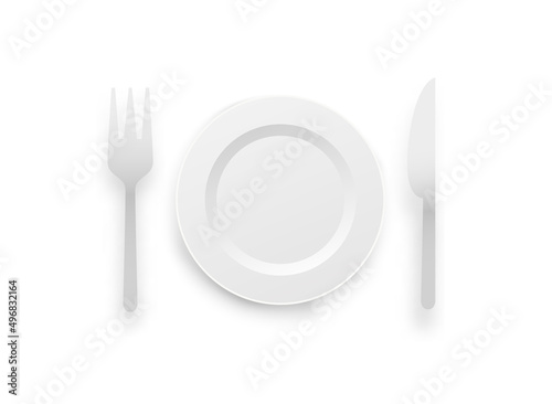 White plate, fork and knife isolated on white background. 3d vector illustration.