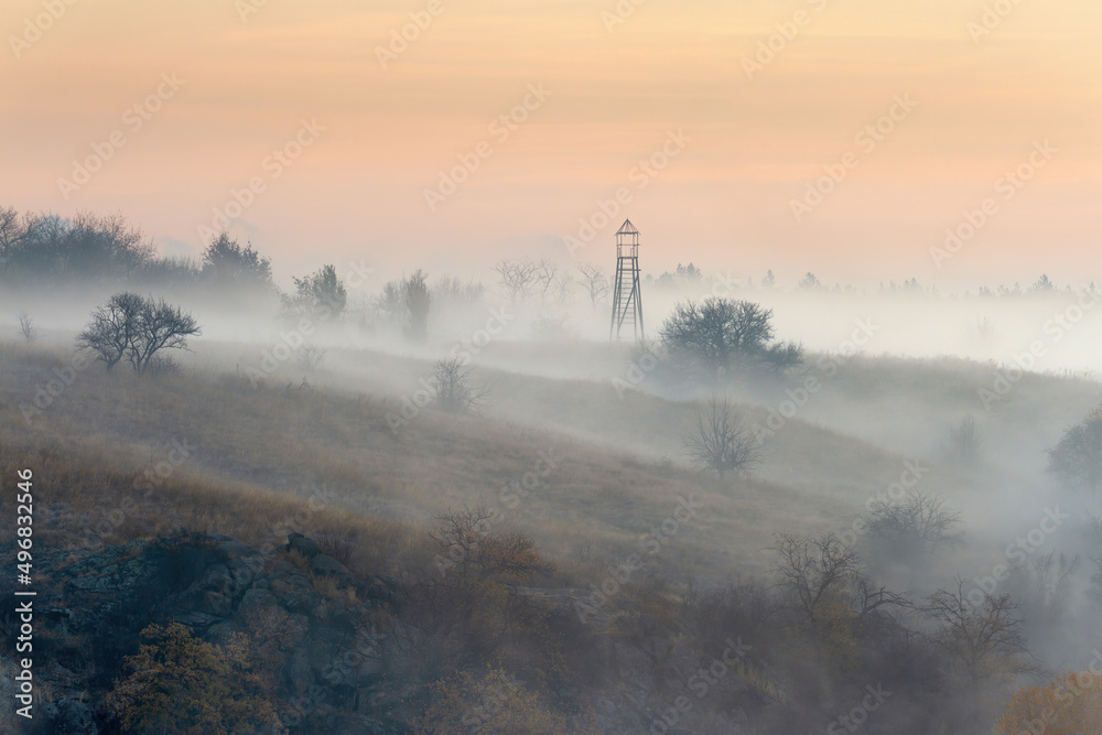 Obraz premium Ukrainian steppe with cossack tower in the morning fog, Khortytsia, Zaporizhzhia