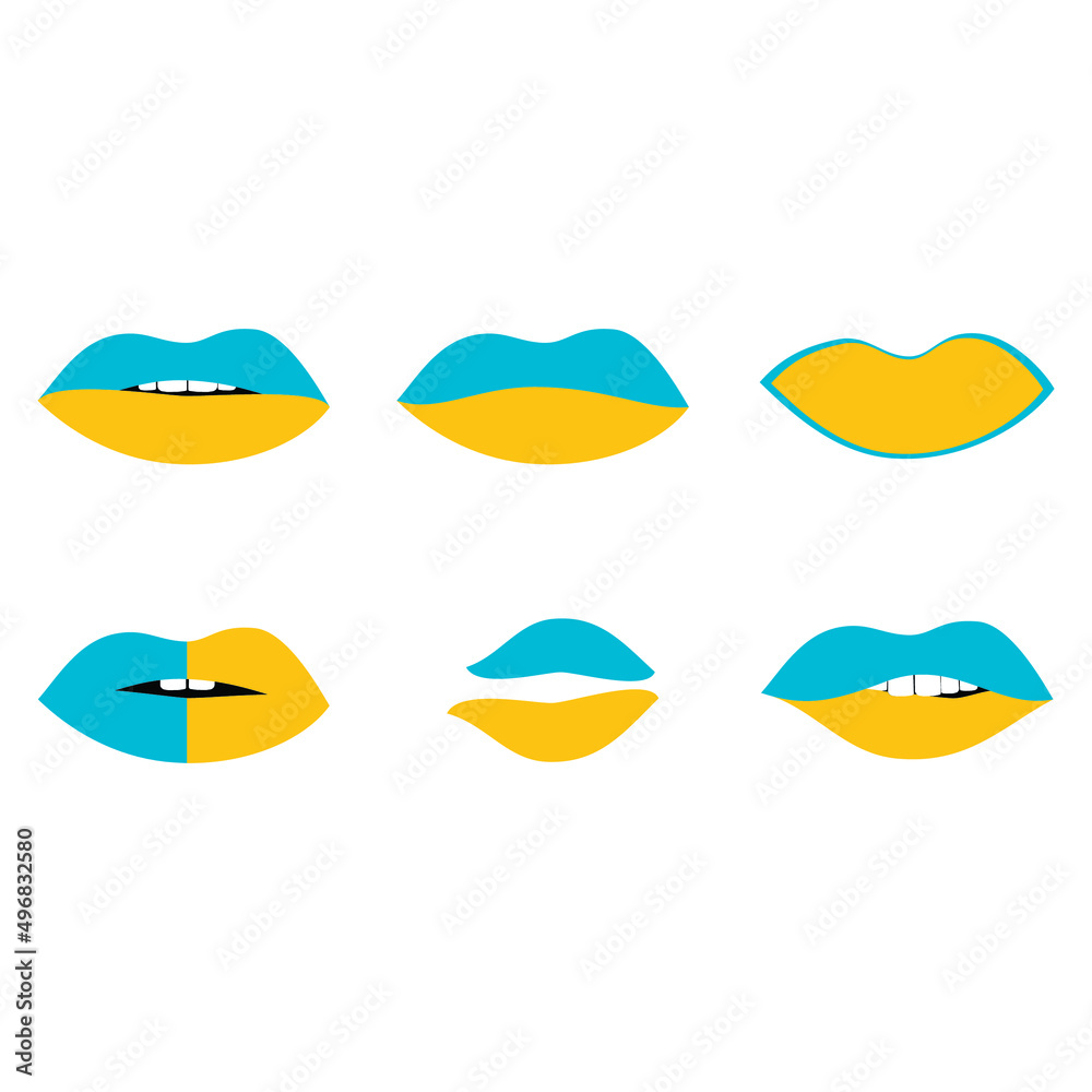 Lips set with the colors of the flag of Ukraine. Blue and yellow kiss with the flag of Ukraine. Ukrainian Russian war. Stop war concept. Support for Ukraine. No war. 