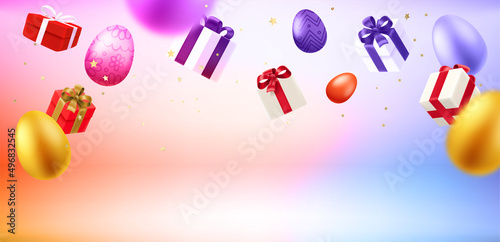 Gift boxes, confetti and eggs in levitation effect. Happy Easter greeting card with copy space. 3d vector illustration