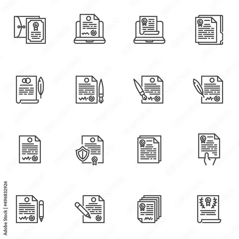 Agreement contract line icons set Agreement contract line icons set