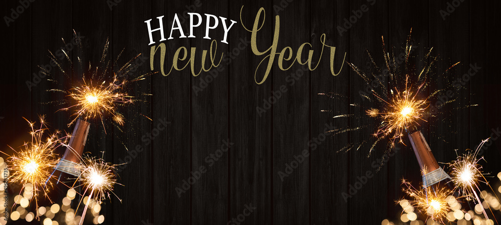 HAPPY NEW YEAR 2023 celebration Silvester New Year's Eve Party background  banner greeting card - Champagne bottles with fireworks and sparklers on  dark wooden wood wall texture in the night Stock Illustration |