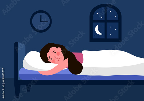 Sleepless woman suffering from insomnia. Lady with open eyes in darkness night lying on bed concept vector illustration. Woman try to sleep under blanket.