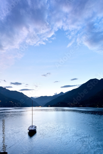 Boat moored on Lake Ledro. Ledro valley, Trento province, Trentino Alto-Adige, Italy, Europe. 