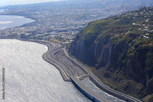 Aerial view of construction of the new coastal road in Reunion island photo