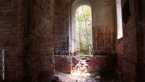 Mysterious mystical interior of an abandoned church, a dark gloomy building, the ruins of a church.