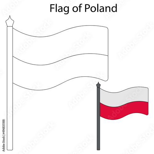 Flag of Poland. Color the flag according to the given example. Vector illustration. Coloring book for children. The fabric is decorated with two stripes. The national symbol of the state develops in t