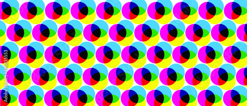 graphic, CMYK circles prepress color cyan, magenta, yellow and black.  icon or pictogram. Cartoon vector rainbow symbol. cmyk, pms dots or points background. print control scales